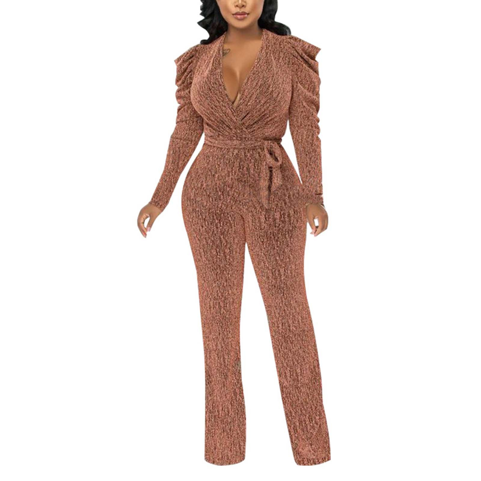 BOBOGOJP Womens Sequined Belted Long Sleeve Surplice Neckline Party Wide Leg Jumpsuit Fall Jumpsuits for Women (Pink,S)